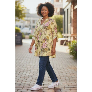 Denim 24/7 Tunic Blouse Top Light Green Floral Pintuck Cottagecore 28W 4X